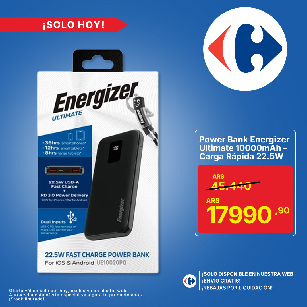 Power Bank Energizer Ultimate 10000mAh – Carga Rápida 22.5W